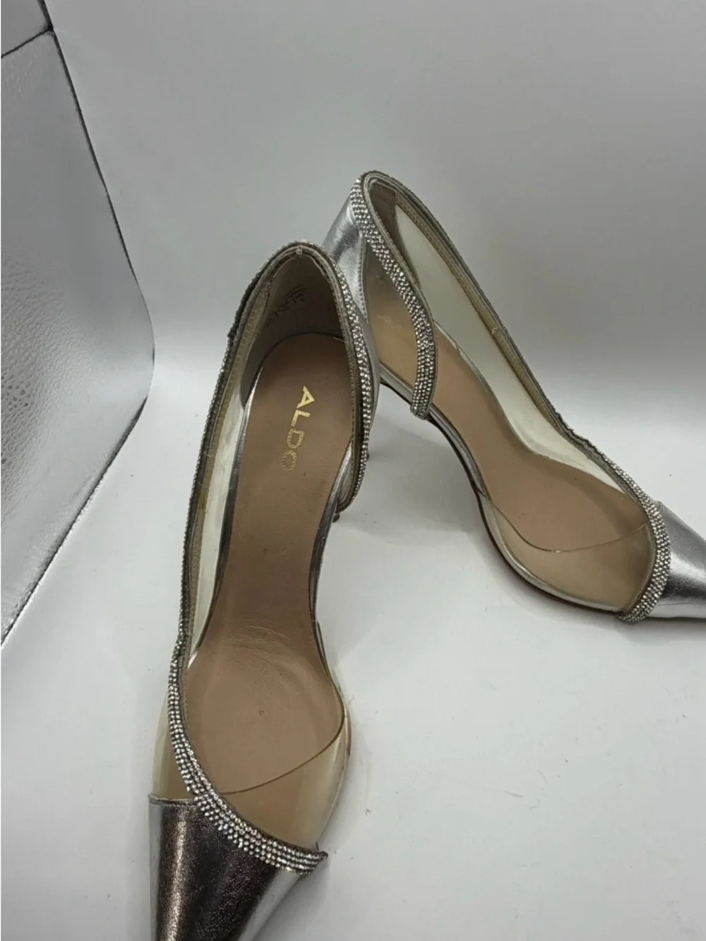 Aldo Filbeth Silver Rhinestone Clear PVC D'Orsay Pointed Toe pumps
